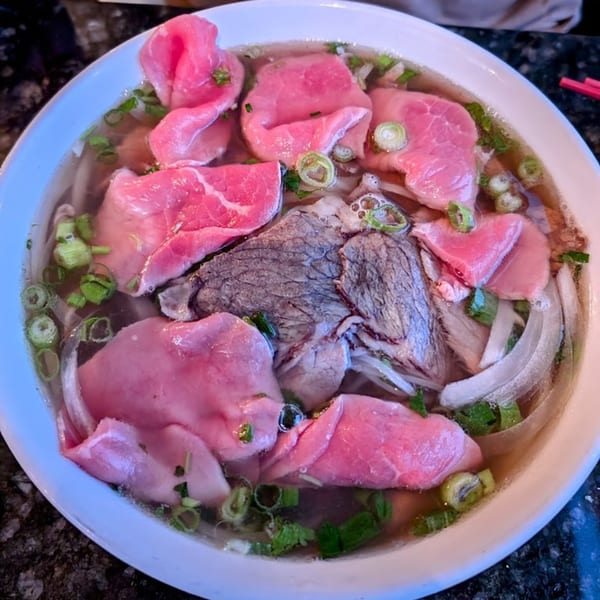Close-up of a bowl of Vietnamese pho with rare and cooked beef, onions, and green herbs.