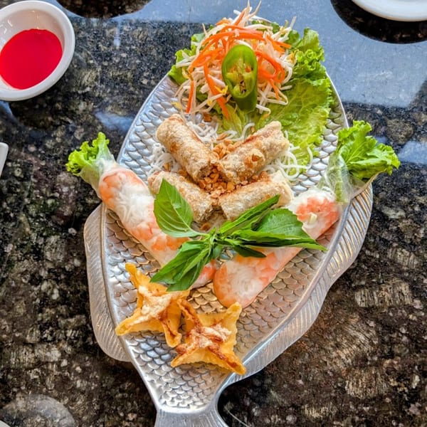 A fish-shaped platter with Vietnamese spring rolls, fresh rolls, wontons, and a side of red sauce.