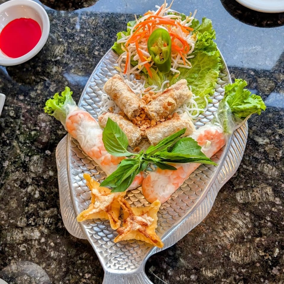 Vietnamese spring rolls, egg rolls, and wontons on a fish-shaped platter with a side of red sauce.
