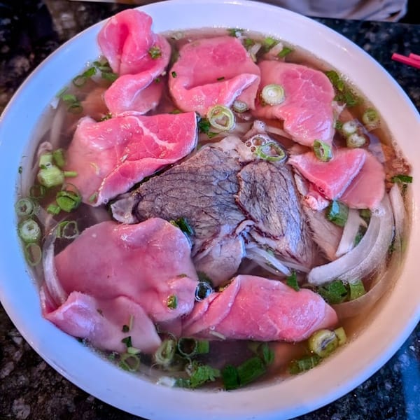 A close-up of a bowl of Vietnamese pho with rare and cooked beef, onions, and green onions.